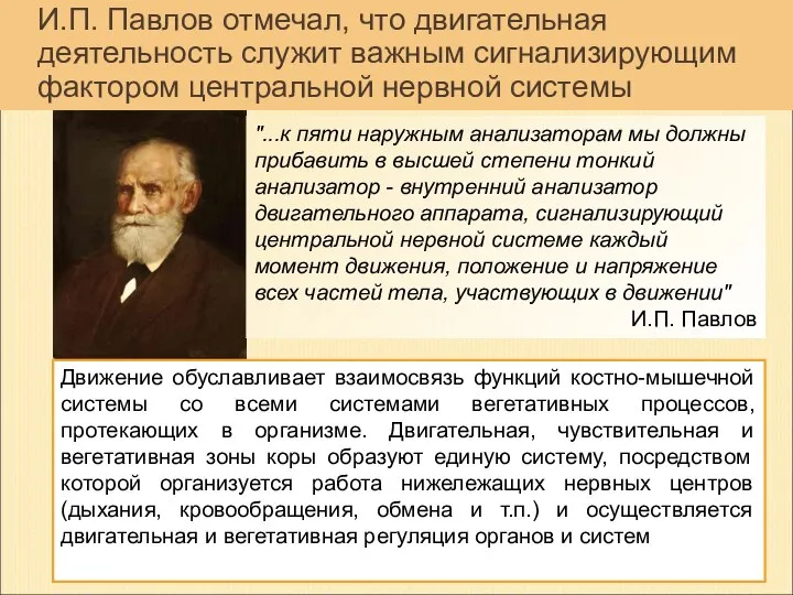 И.П. Павлов отмечал, что двигательная деятельность служит важным сигнализирующим фактором центральной