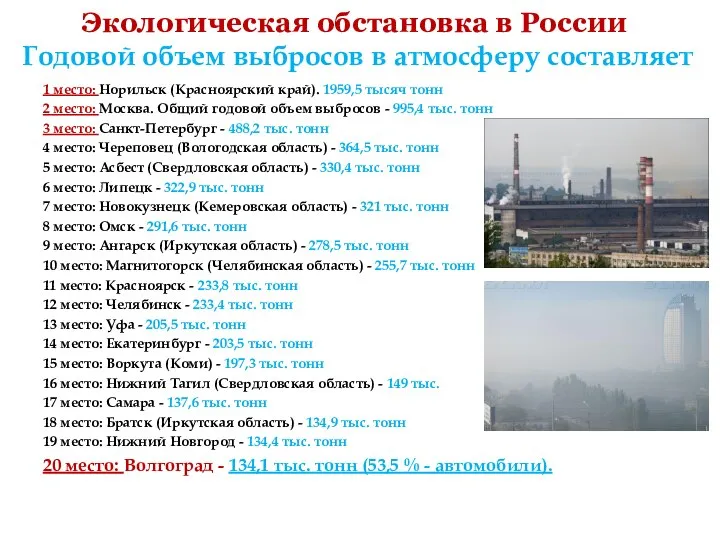 Экологическая обстановка в России Годовой объем выбросов в атмосферу составляет 1
