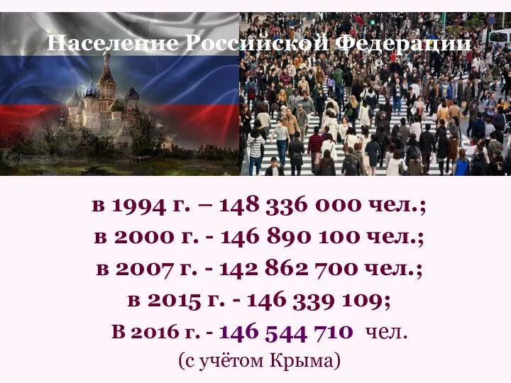 Население Российской Федерации в 1994 г. – 148 336 000 чел.;