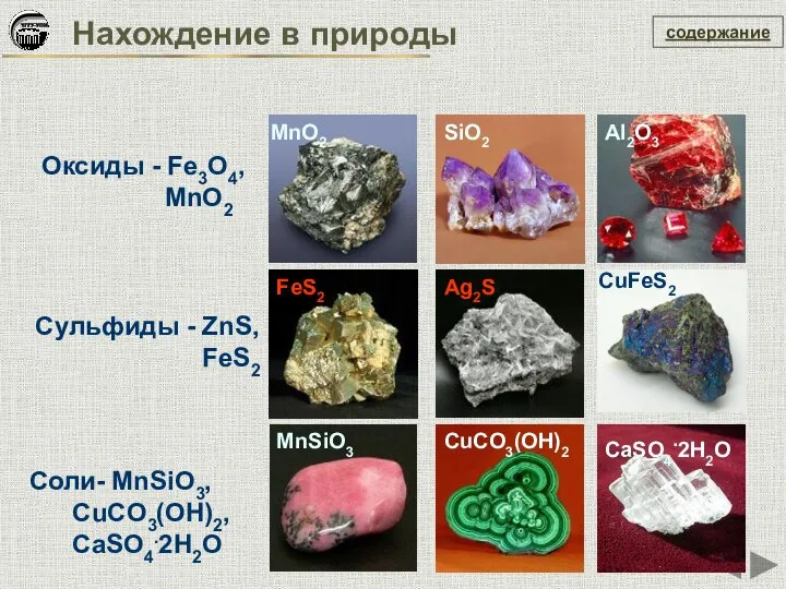 Нахождение в природы содержание Оксиды - Fe3O4, MnO2 Сульфиды - ZnS,