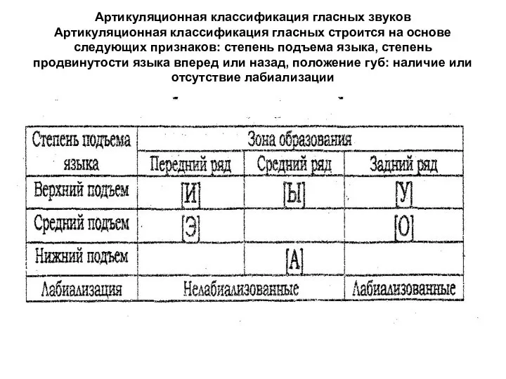 Артикуляционная классификация гласных звуков Артикуляционная классификация гласных строится на основе следующих