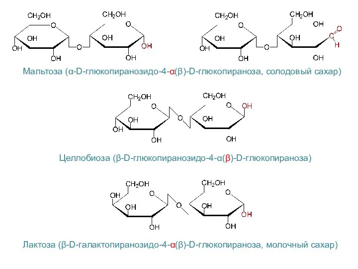 Мальтоза (α-D-глюкопиранозидо-4-α(β)-D-глюкопираноза, солодовый сахар) Целлобиоза (β-D-глюкопиранозидо-4-α(β)-D-глюкопираноза) Лактоза (β-D-галактопиранозидо-4-α(β)-D-глюкопираноза, молочный сахар)