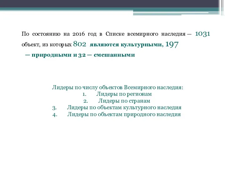 По состоянию на 2016 год в Списке всемирного наследия — 1031