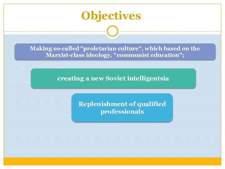 Objectives Making so-called "proletarian culture", which based on the Marxist-class ideology,