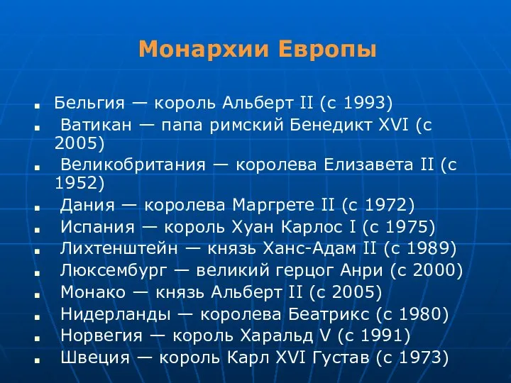 Монархии Европы Бельгия — король Альберт II (с 1993) Ватикан —