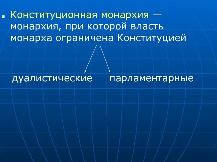 Конституционная монархия — монархия, при которой власть монарха ограничена Конституцией дуалистические парламентарные