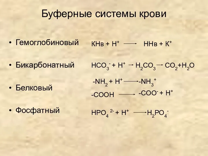 Буферные системы крови Гемоглобиновый Бикарбонатный Белковый Фосфатный СО2+Н2О -NH3+ -СООН Н2РО4-