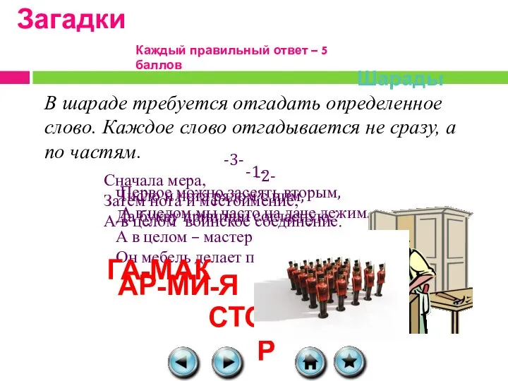 Загадки Шарады В шараде требуется отгадать определенное слово. Каждое слово отгадывается