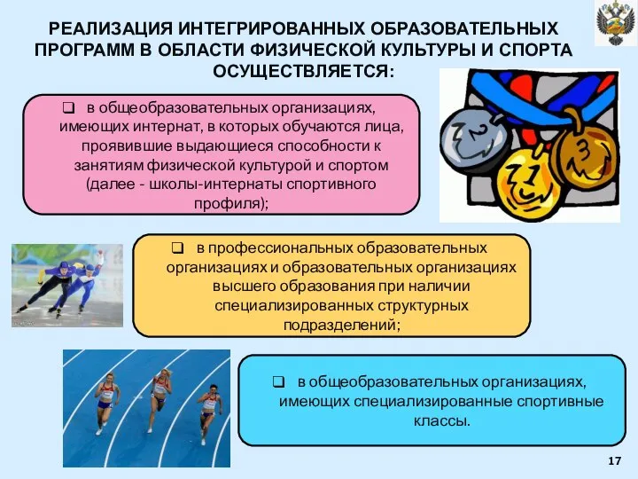 РЕАЛИЗАЦИЯ ИНТЕГРИРОВАННЫХ ОБРАЗОВАТЕЛЬНЫХ ПРОГРАММ В ОБЛАСТИ ФИЗИЧЕСКОЙ КУЛЬТУРЫ И СПОРТА ОСУЩЕСТВЛЯЕТСЯ: