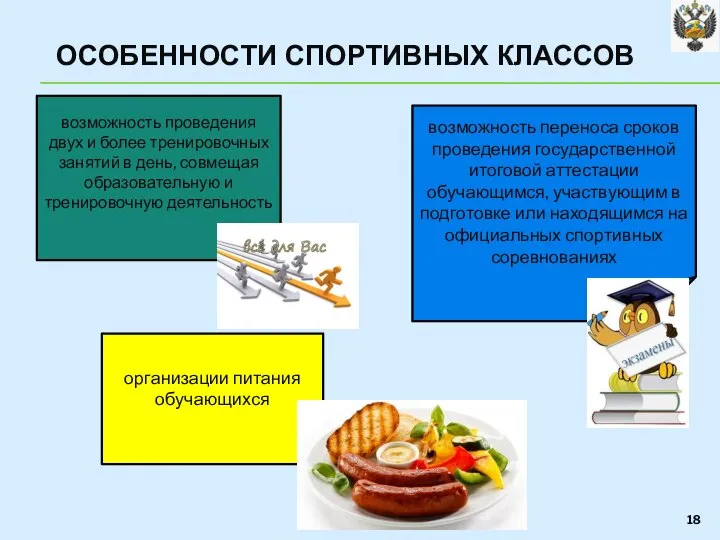 ОСОБЕННОСТИ СПОРТИВНЫХ КЛАССОВ организации питания обучающихся возможность проведения двух и более