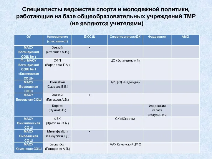 Специалисты ведомства спорта и молодежной политики, работающие на базе общеобразовательных учреждений ТМР (не являются учителями)