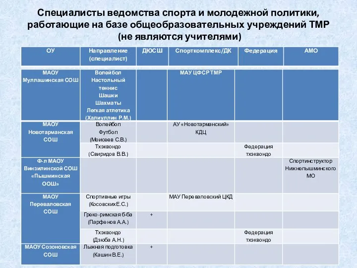 Специалисты ведомства спорта и молодежной политики, работающие на базе общеобразовательных учреждений ТМР (не являются учителями)