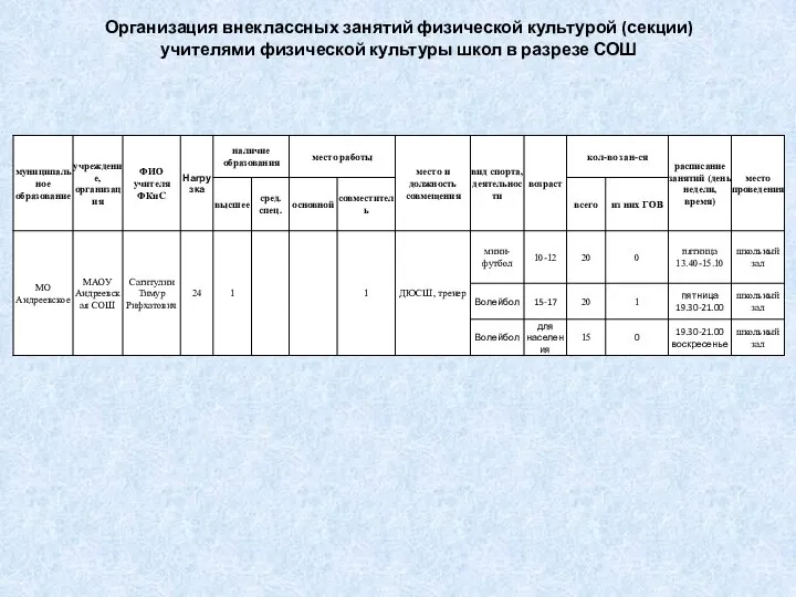 Организация внеклассных занятий физической культурой (секции) учителями физической культуры школ в разрезе СОШ