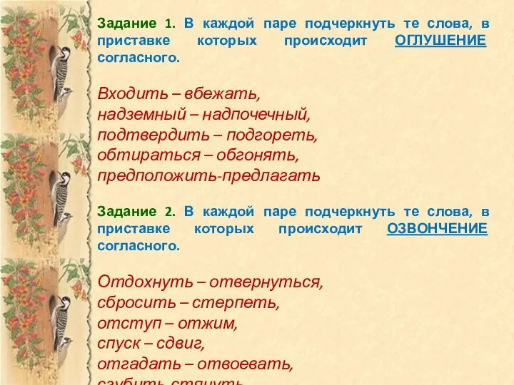 Задание 1. В каждой паре подчеркнуть те слова, в приставке которых