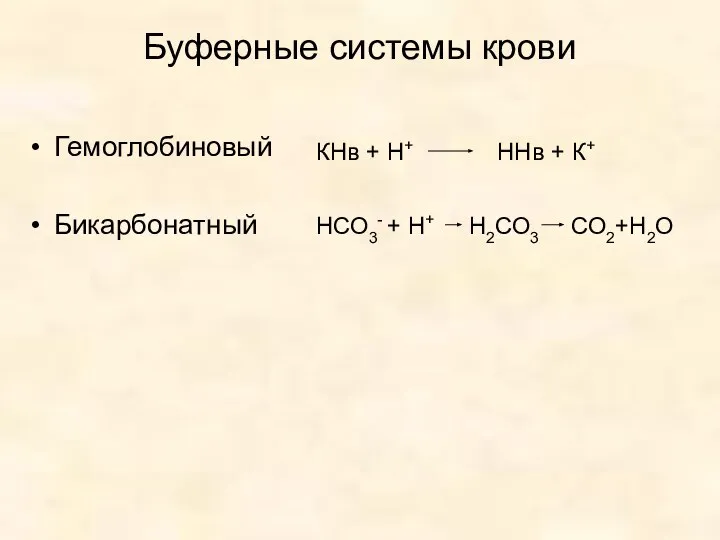 Буферные системы крови Гемоглобиновый Бикарбонатный СО2+Н2О