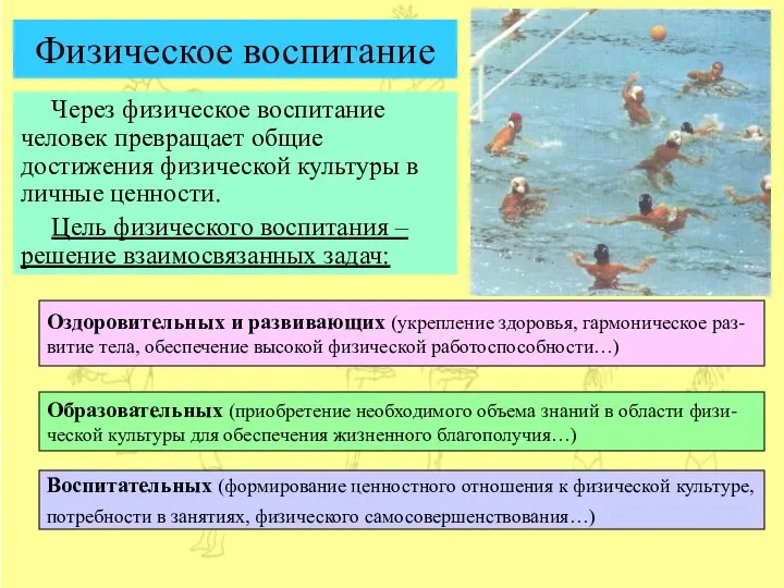 Физическое воспитание Через физическое воспитание человек превращает общие достижения физической культуры