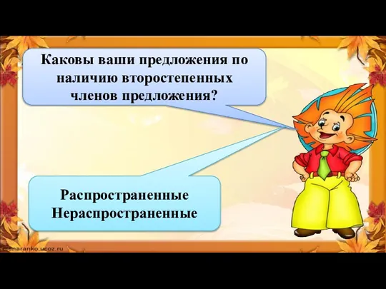 Каковы ваши предложения по наличию второстепенных членов предложения? Распространенные Нераспространенные