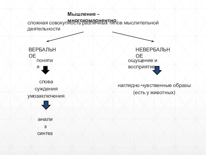 Мышление – многокомпонентно: сложная совокупность различных типов мыслительной деятельности ВЕРБАЛЬНОЕ НЕВЕРБАЛЬНОЕ