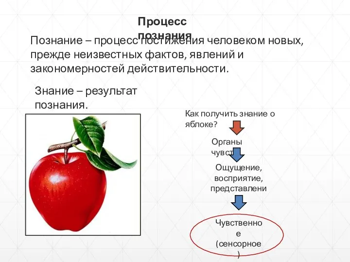 Процесс познания Познание – процесс постижения человеком новых, прежде неизвестных фактов,