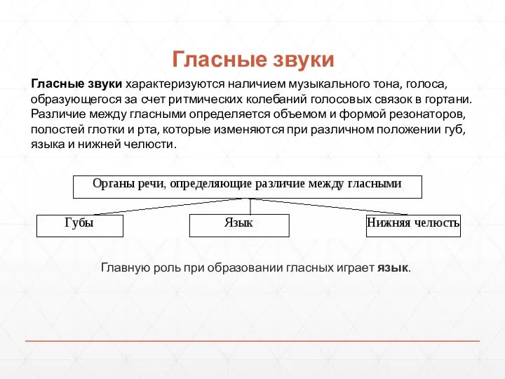 Гласные звуки Гласные звуки характеризуются наличием музыкального тона, голоса, образующегося за