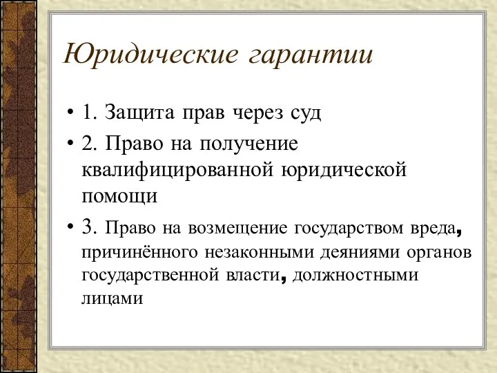 Юридические гарантии 1. Защита прав через суд 2. Право на получение