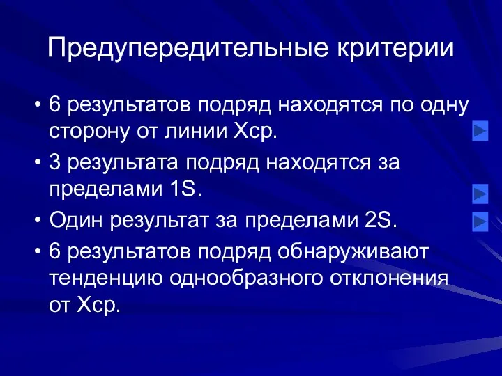 Предупередительные критерии 6 результатов подряд находятся по одну сторону от линии