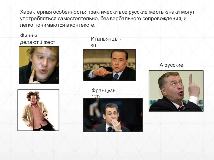 Характерная особенность: практически все русские жесты-знаки могут употребляться самостоятельно, без вербального