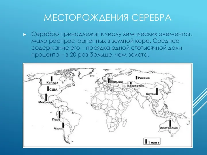 МЕСТОРОЖДЕНИЯ СЕРЕБРА Серебро принадлежит к числу химических элементов, мало распространенных в