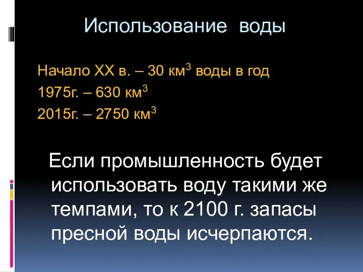 Использование воды Начало ХХ в. – 30 км3 воды в год