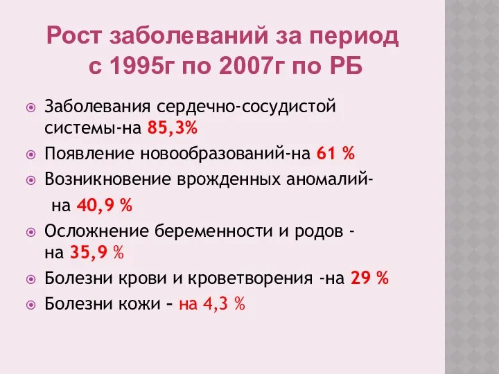 Рост заболеваний за период с 1995г по 2007г по РБ Заболевания