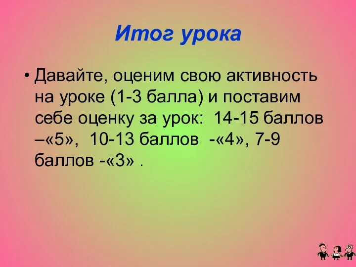 Итог урока Давайте, оценим свою активность на уроке (1-3 балла) и