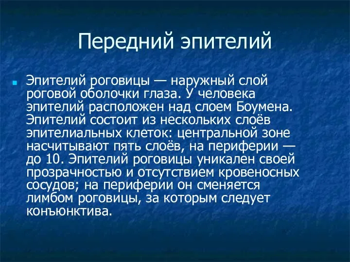 Передний эпителий Эпителий роговицы — наружный слой роговой оболочки глаза. У