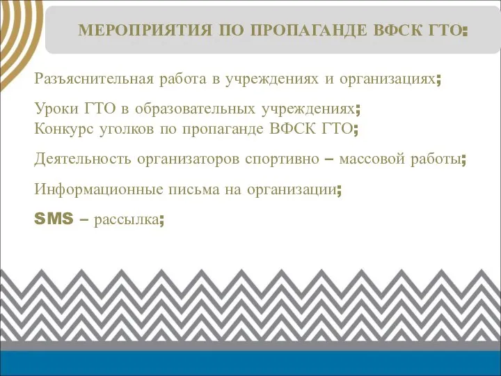 МЕРОПРИЯТИЯ ПО ПРОПАГАНДЕ ВФСК ГТО: Разъяснительная работа в учреждениях и организациях;