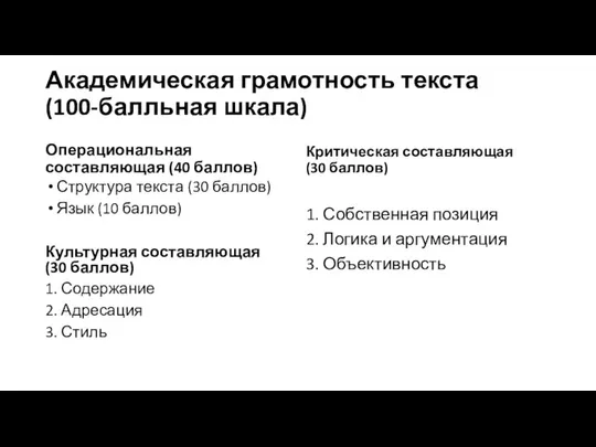 Академическая грамотность текста (100-балльная шкала) Операциональная составляющая (40 баллов) Структура текста