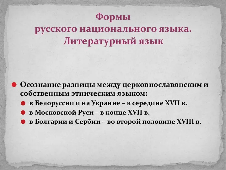 Осознание разницы между церковнославянским и собственным этническим языком: в Белоруссии и