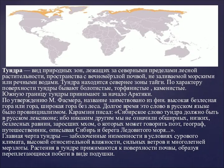 Тундра — вид природных зон, лежащих за северными пределами лесной растительности,