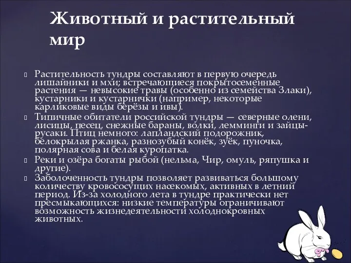 Растительность тундры составляют в первую очередь лишайники и мхи; встречающиеся покрытосеменные