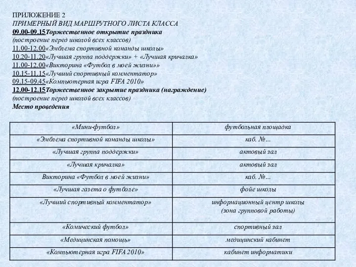 ПРИЛОЖЕНИЕ 2 ПРИМЕРНЫЙ ВИД МАРШРУТНОГО ЛИСТА КЛАССА 09.00-09.15Торжественное открытие праздника (построение