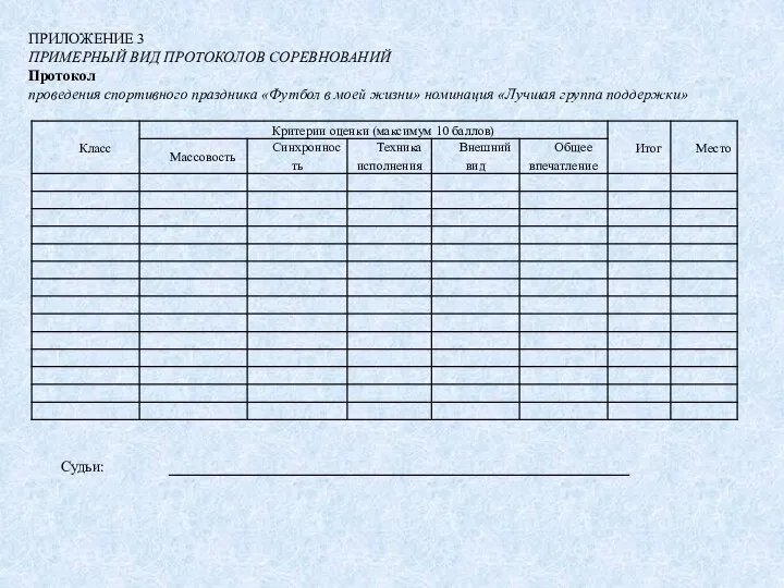 ПРИЛОЖЕНИЕ 3 ПРИМЕРНЫЙ ВИД ПРОТОКОЛОВ СОРЕВНОВАНИЙ Протокол проведения спортивного праздника «Футбол