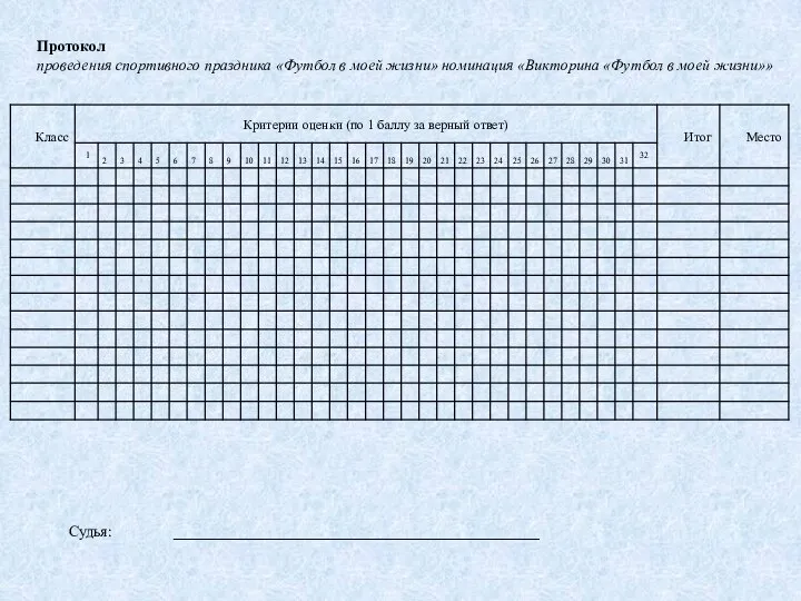 Протокол проведения спортивного праздника «Футбол в моей жизни» номинация «Викторина «Футбол в моей жизни»» Судья: _______________________________________________