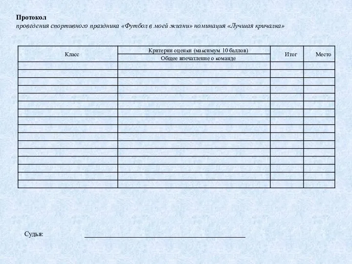 Протокол проведения спортивного праздника «Футбол в моей жизни» номинация «Лучшая кричалка» Судья: _______________________________________________