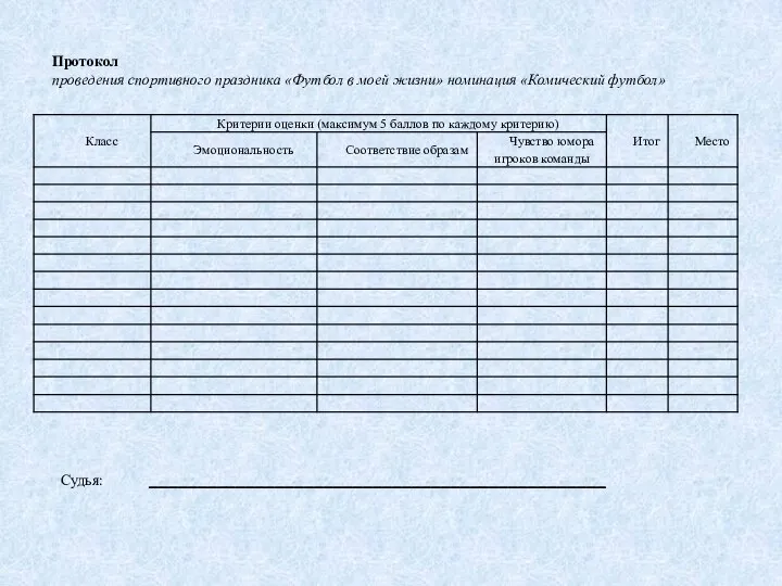 Протокол проведения спортивного праздника «Футбол в моей жизни» номинация «Комический футбол» Судья: _______________________________________________