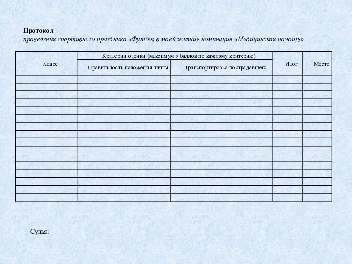 Протокол проведения спортивного праздника «Футбол в моей жизни» номинация «Медицинская помощь» Судья: _______________________________________________