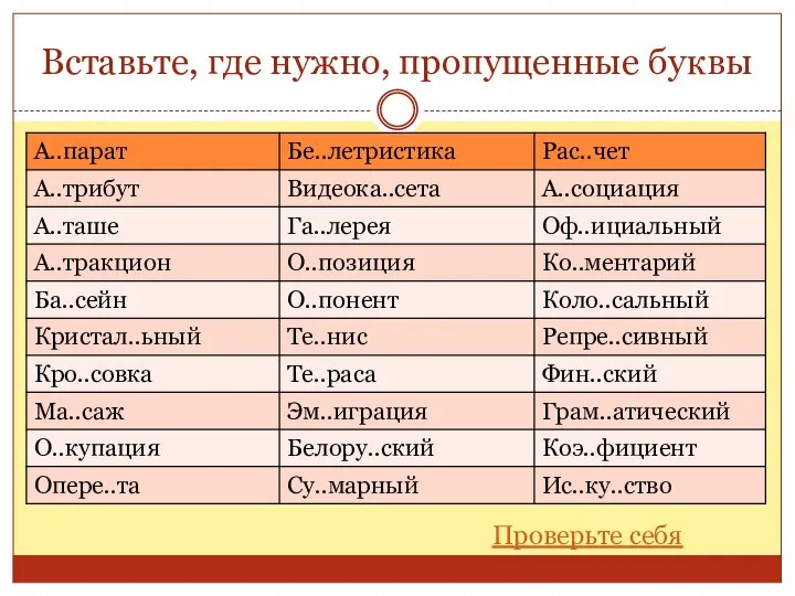 Вставьте, где нужно, пропущенные буквы Проверьте себя