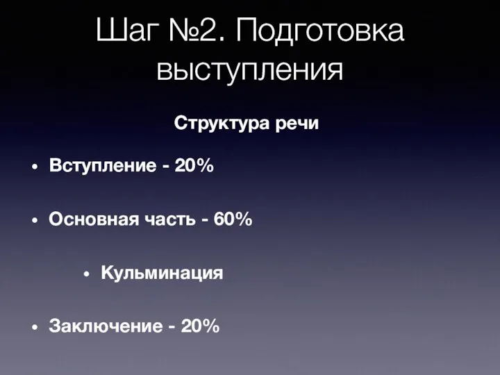 Шаг №2. Подготовка выступления Структура речи Вступление - 20% Основная часть