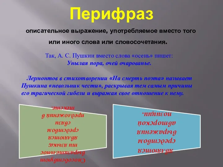 Перифраз описательное выражение, употребляемое вместо того или иного слова или словосочетания.