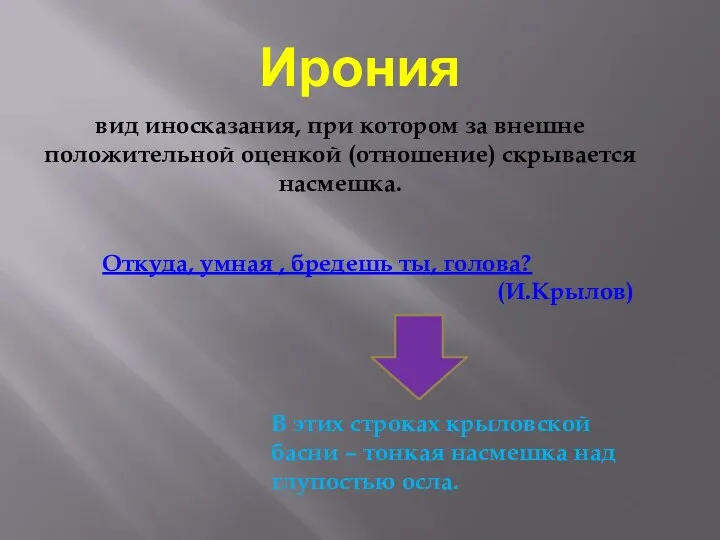 Ирония вид иносказания, при котором за внешне положительной оценкой (отношение) скрывается