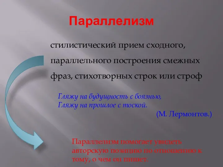 Параллелизм стилистический прием сходного, параллельного построения смежных фраз, стихотворных строк или