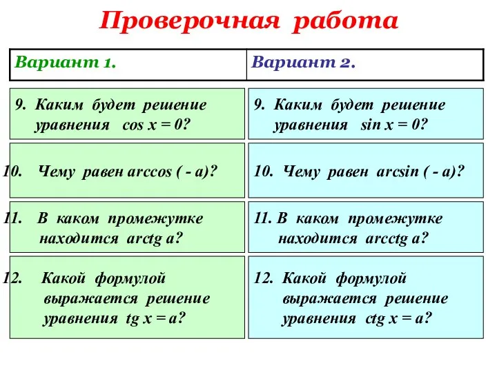 Проверочная работа 9. Каким будет решение уравнения cos x = 0?