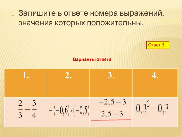 Запишите в ответе номера выражений, значения которых положительны. Варианты ответа Ответ:3